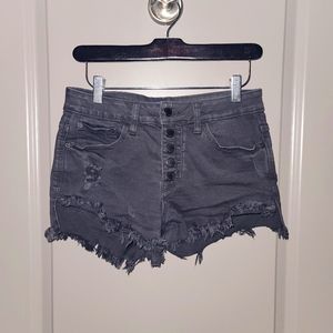 Distressed Raw Hem Ripped Black Denim Shorts